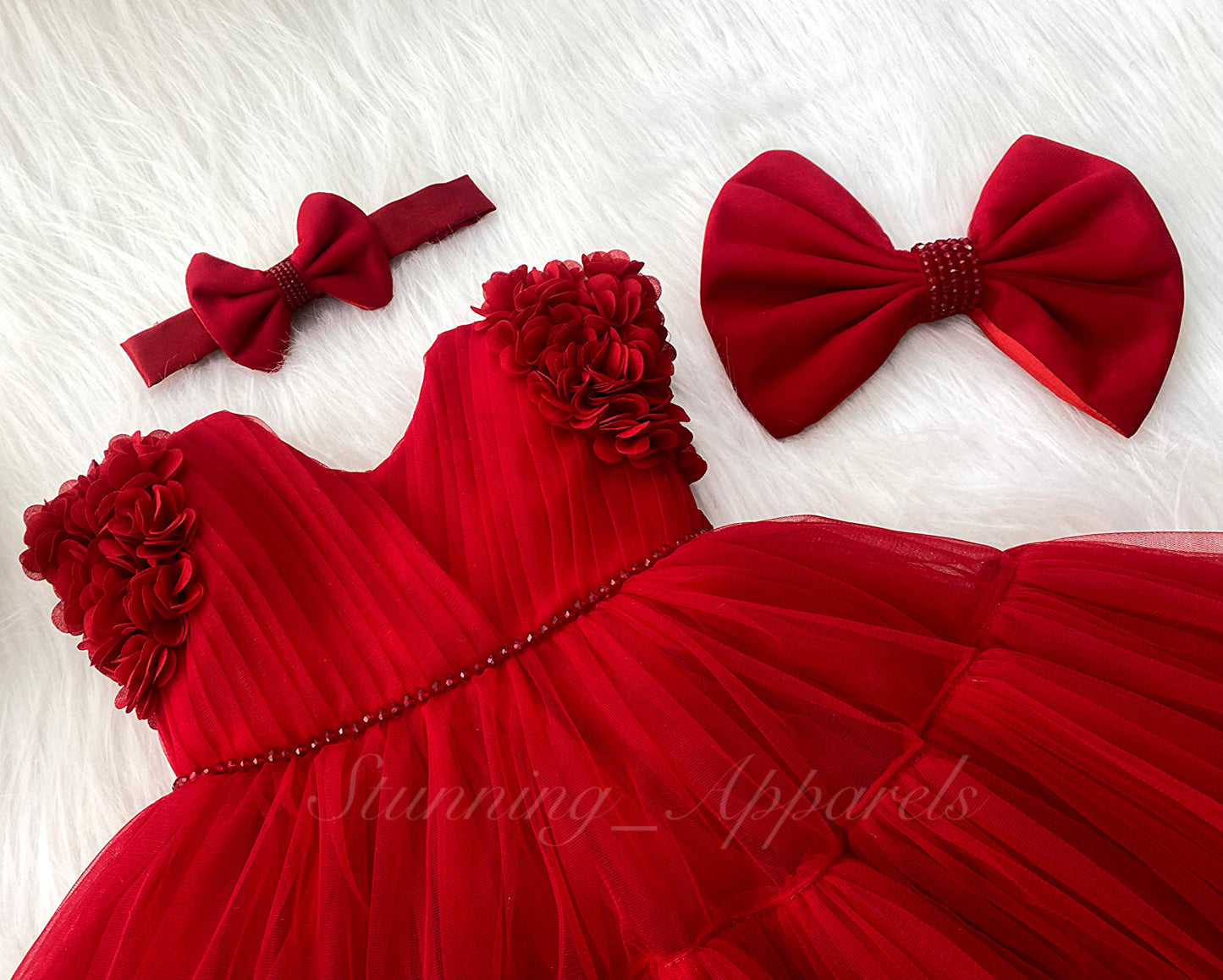 Beautiful Cape Sleeves Flower Work Ruffled Red Frock