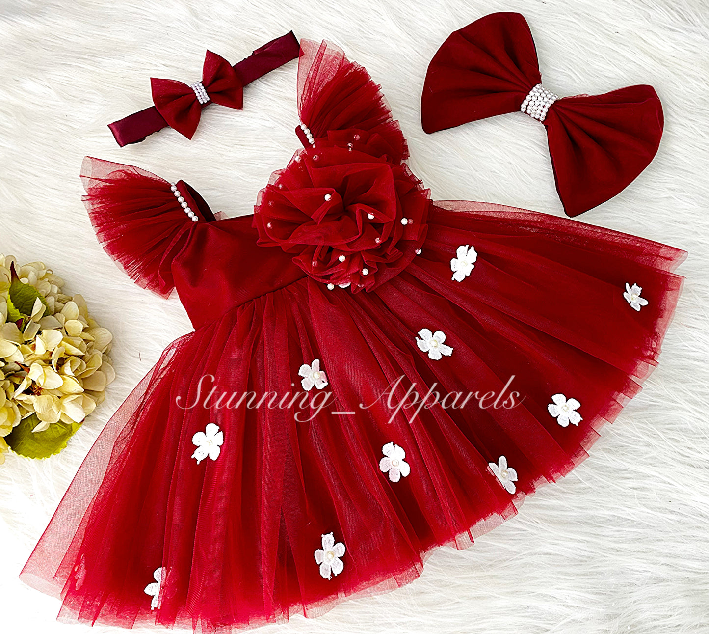 White Flower Work Strapped Sleeves Red Frock
