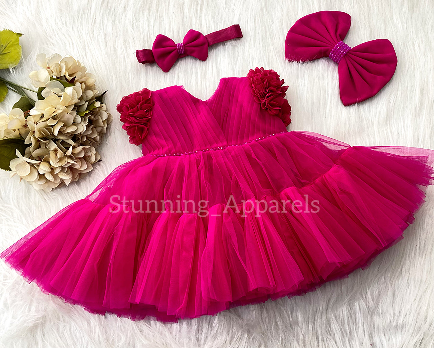 Beautiful Cape Sleeves Flower Work Ruffled Magenta Pink Frock