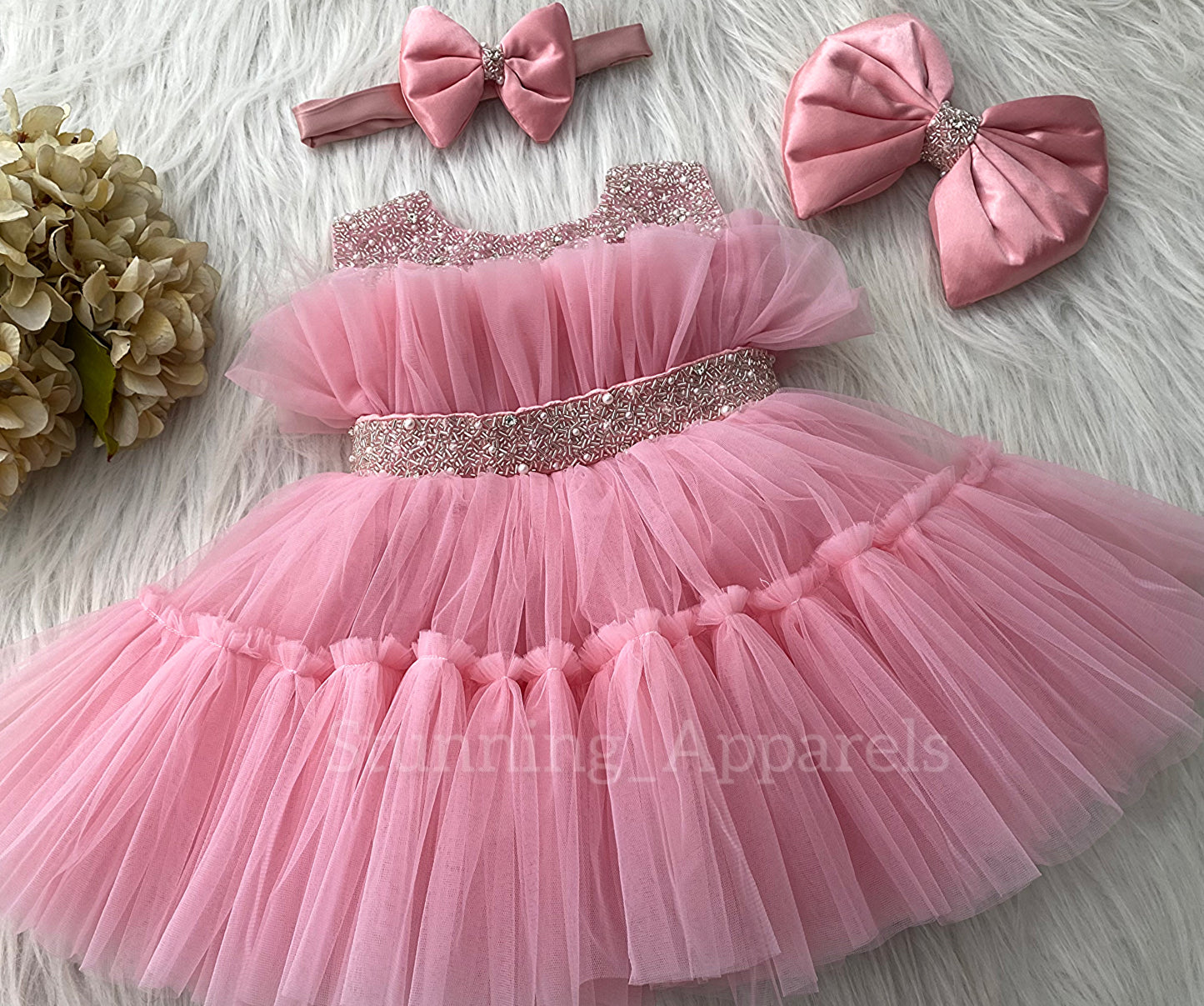 Designer Neckline Hand Work Party Wear Peach Dress