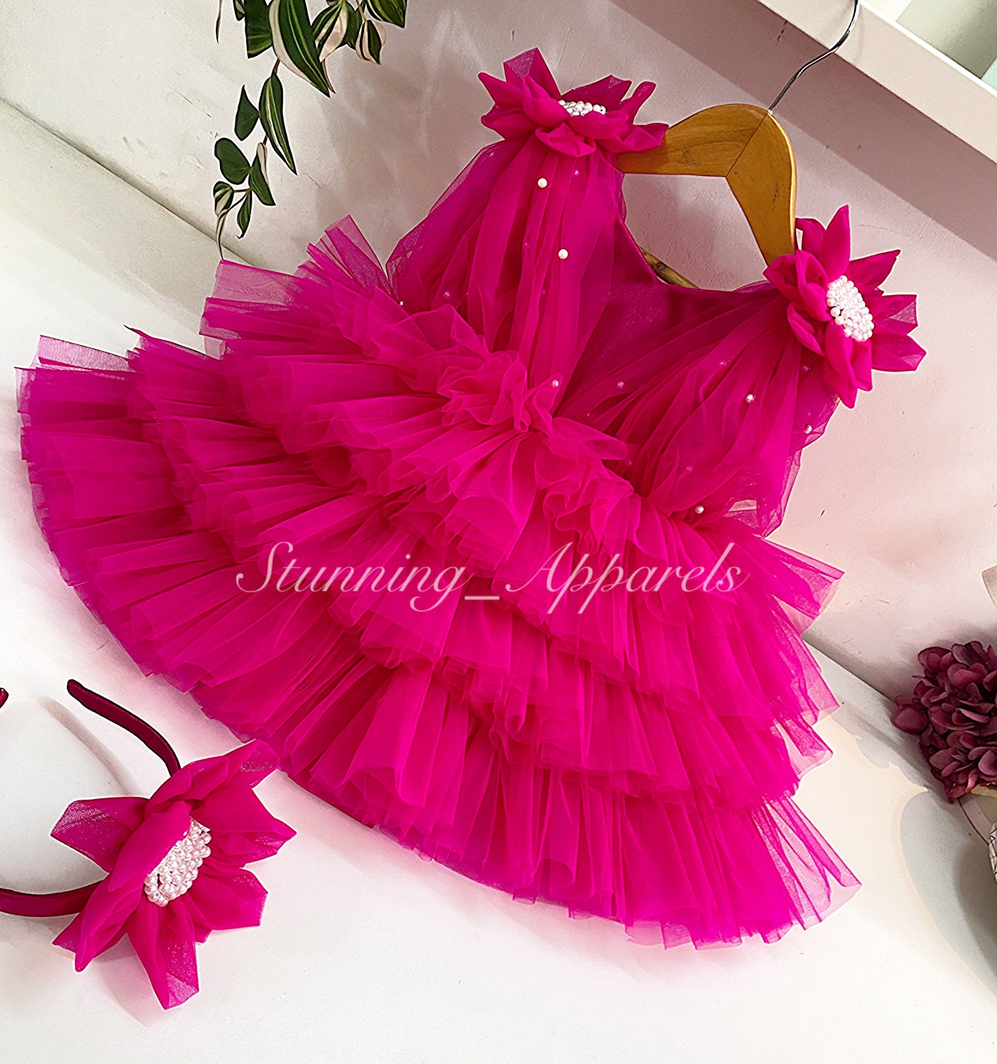 Shoulder Flower Work Layered Magenta Pink Dress