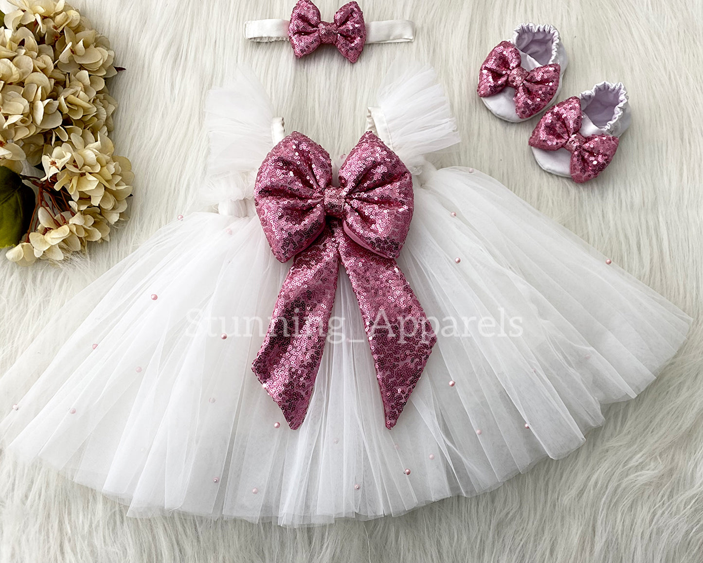 Baby Pink Sequins Bow Party Wear White Umbrella Dress