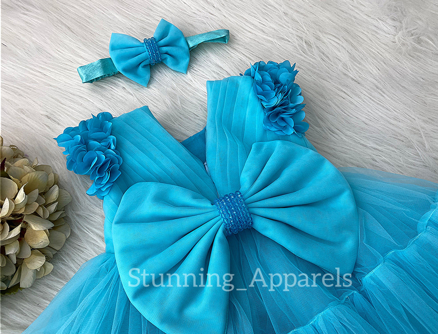 Beautiful Cape Sleeves Flower Work Ruffled Dark Sky Blue Frock