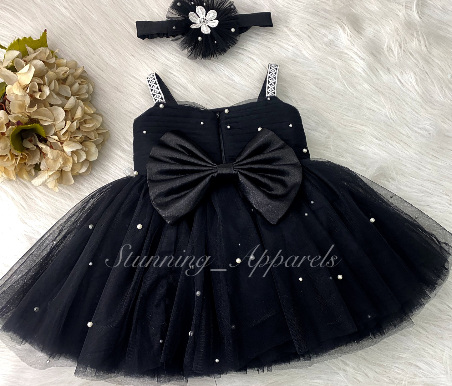 Waistline White Flower Work Party Wear Black Dress