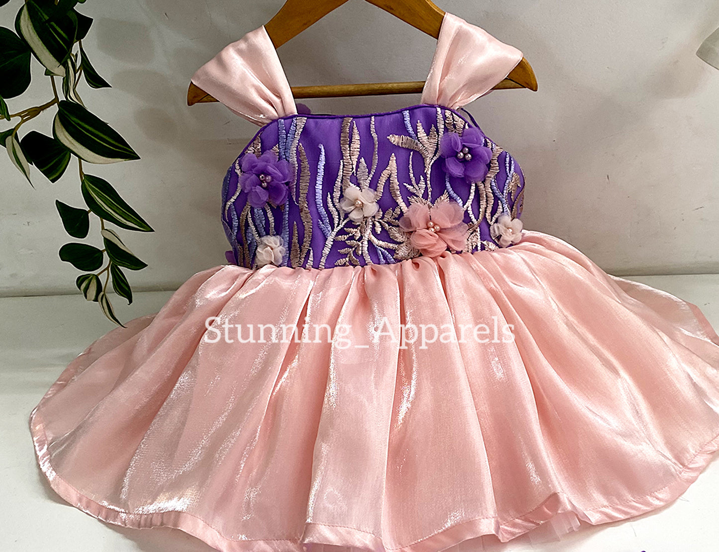 Preety Flower Work Lavender And Peach Combination Dress