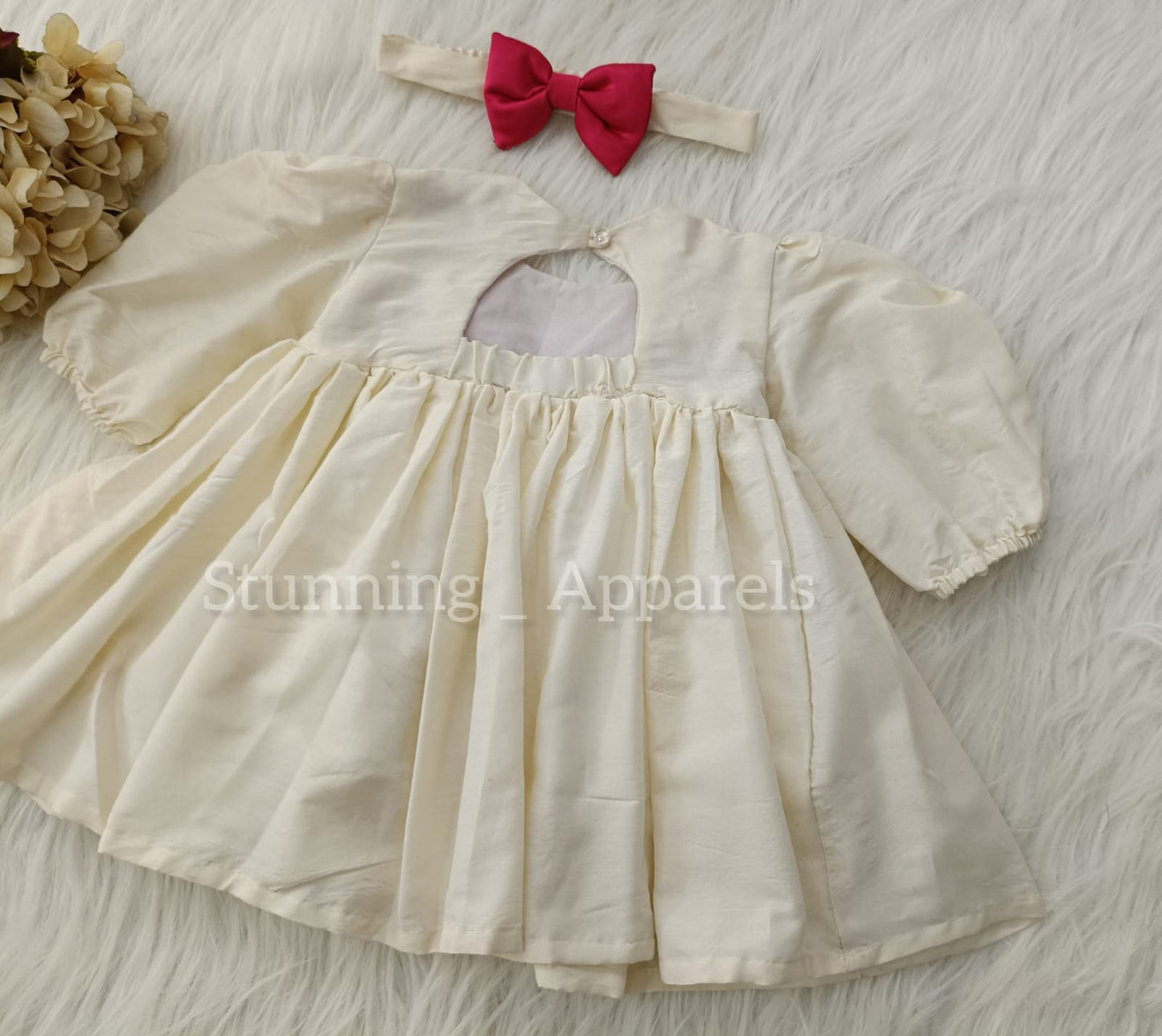Magenta satin Bow stylish cream dress