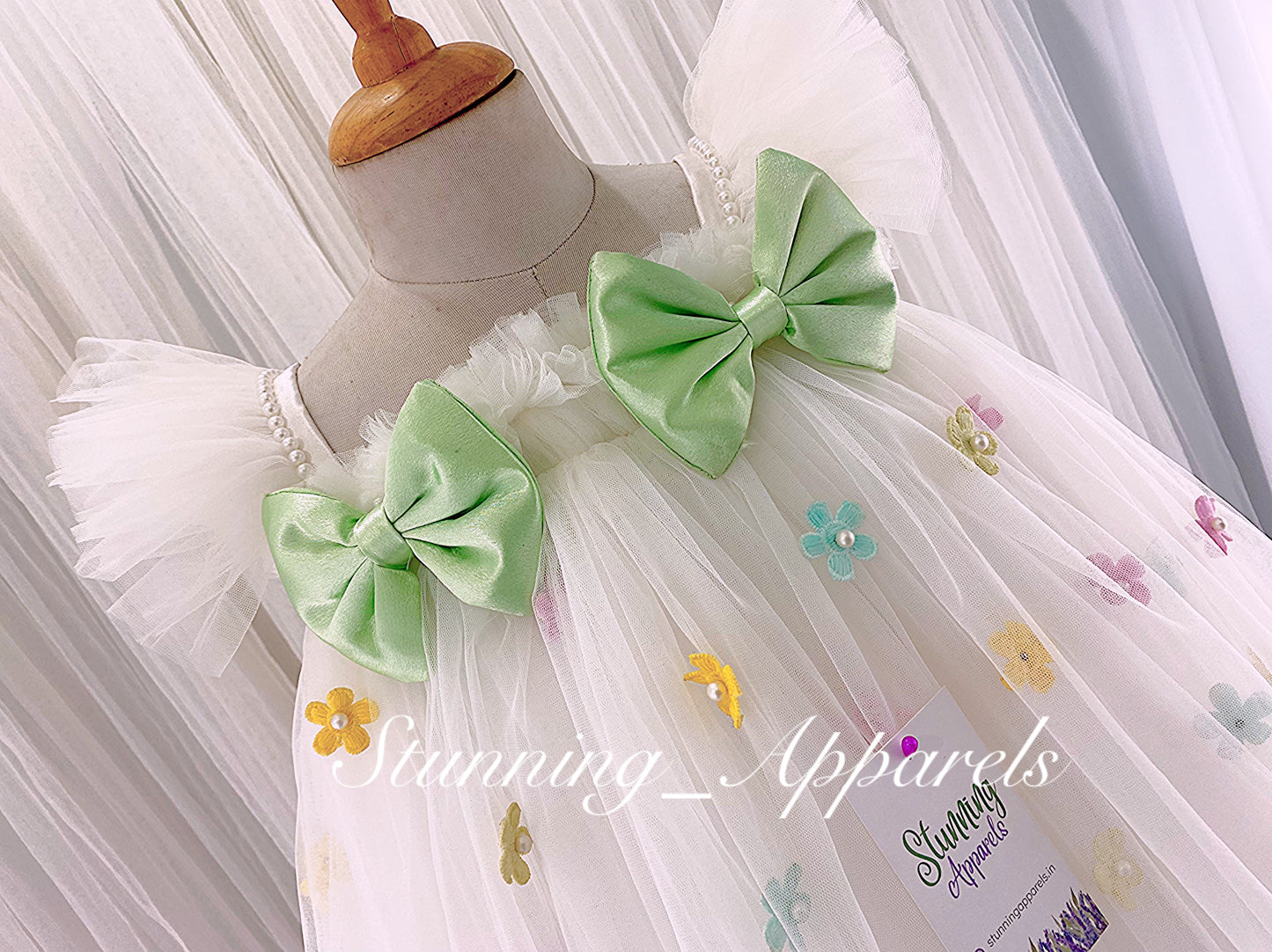 Multi Colour Flower Work, Pista Green Satin Bow White Umbrella Dress