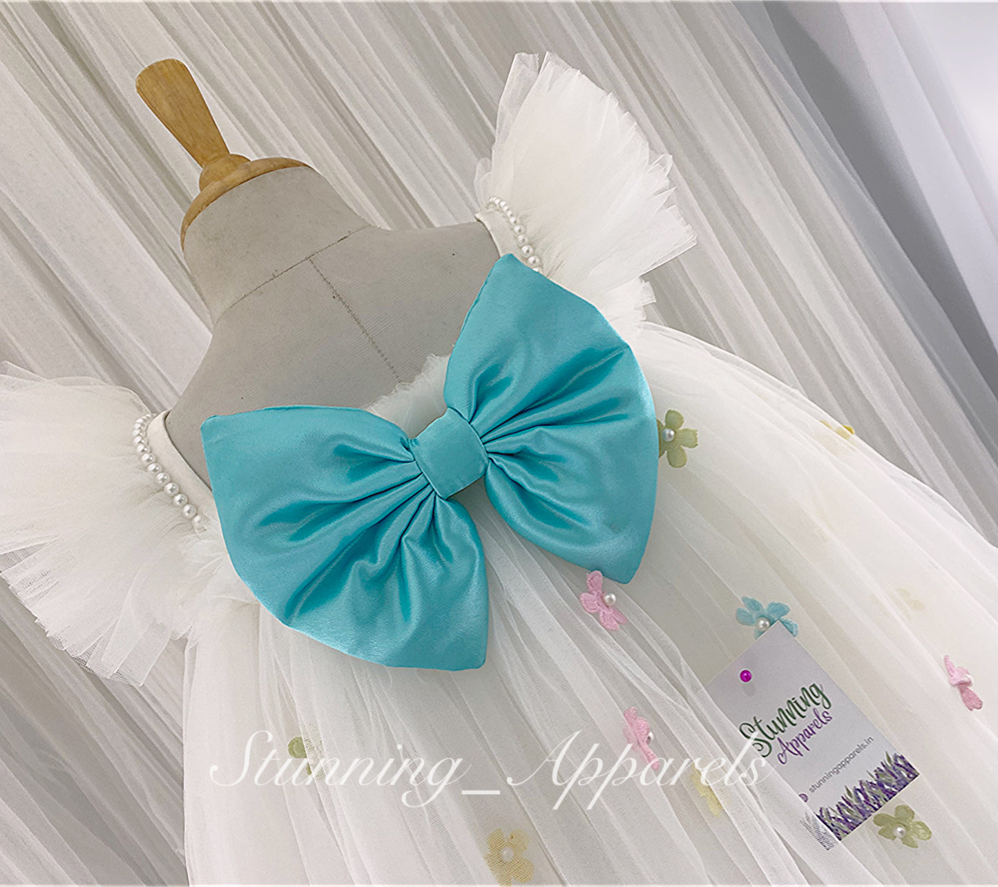 Multi Colour Flower Work, Sky Blue Satin Bow White Umbrella Dress