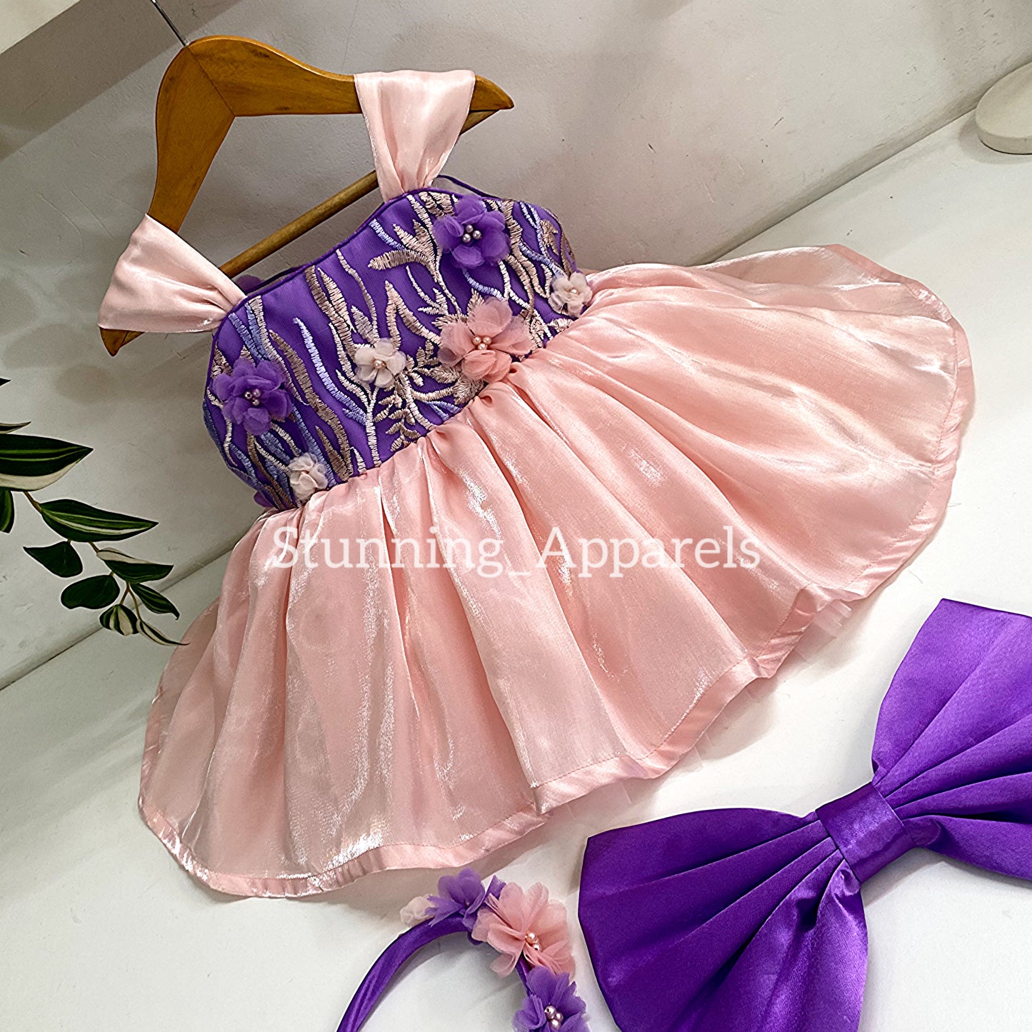 Preety Flower Work Lavender And Peach Combination Dress