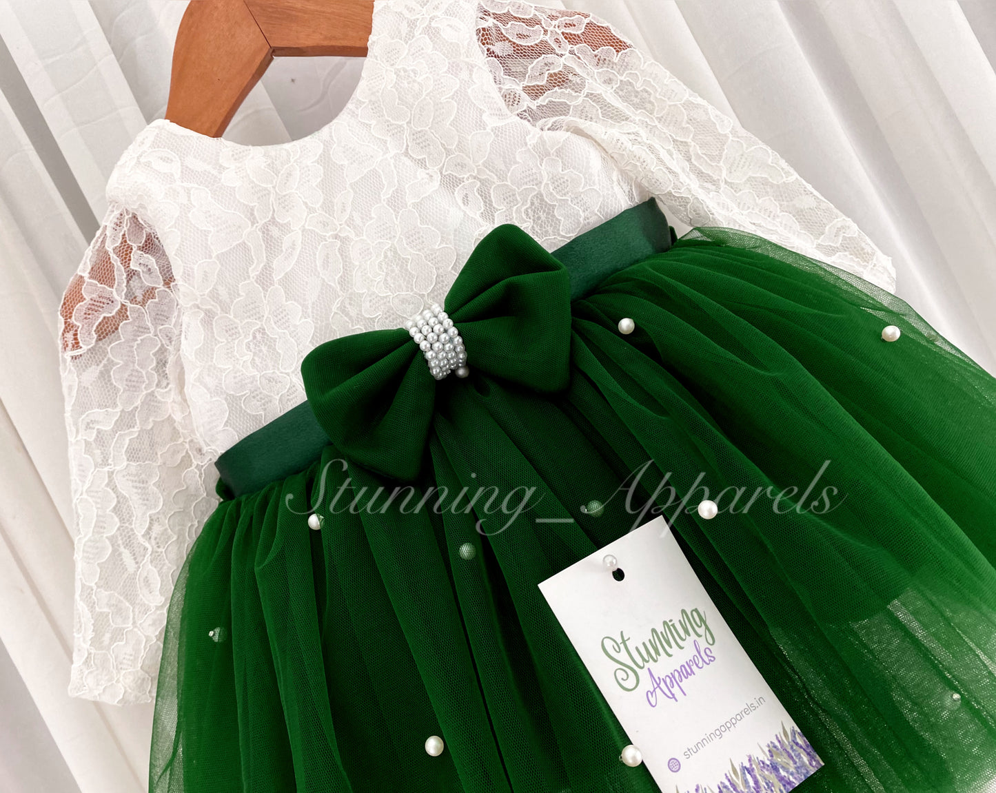 Long Sleeves White Pearls Work Green Frock