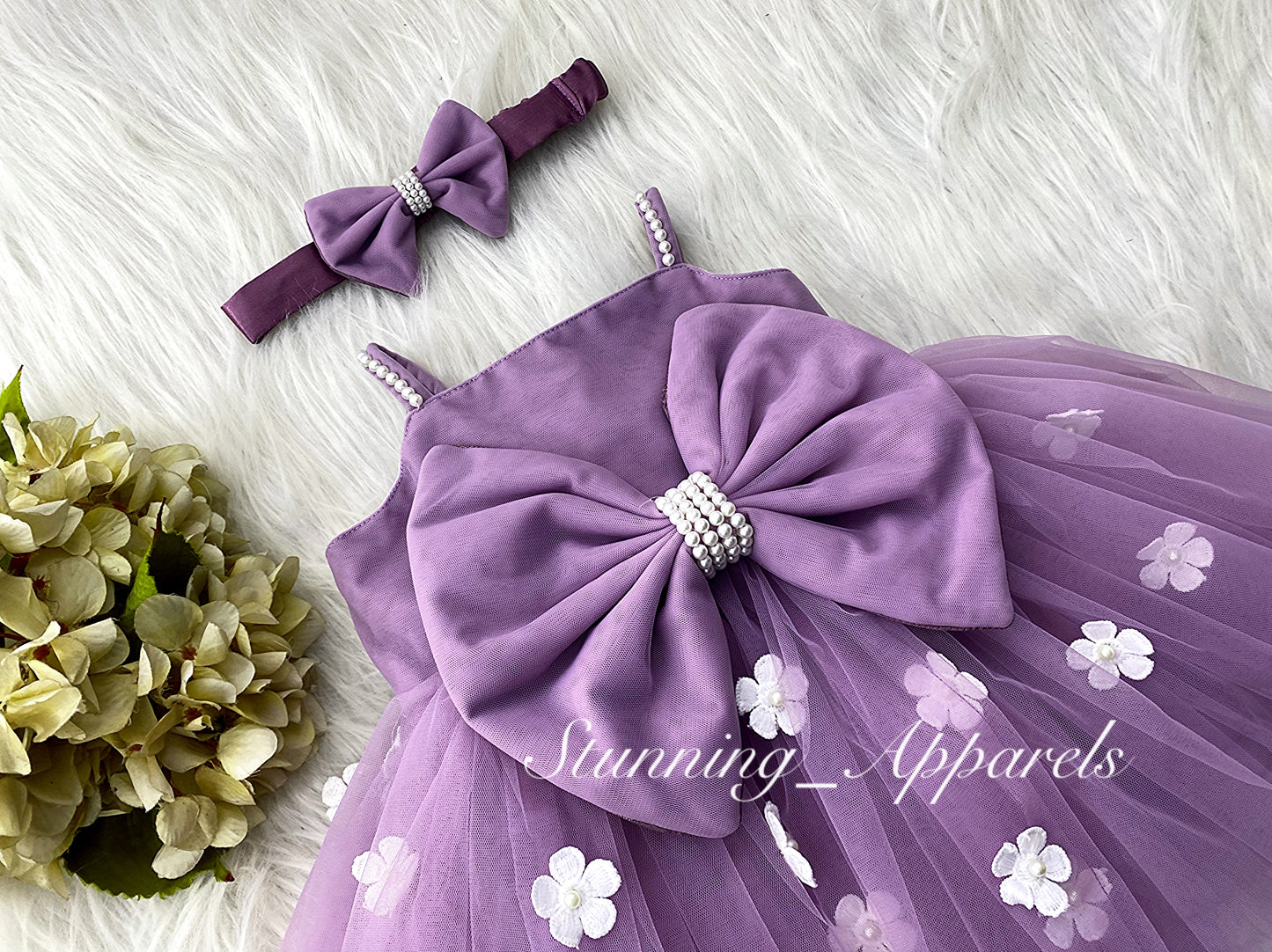 White Flower Work Strapped Sleeves Lilac Frock
