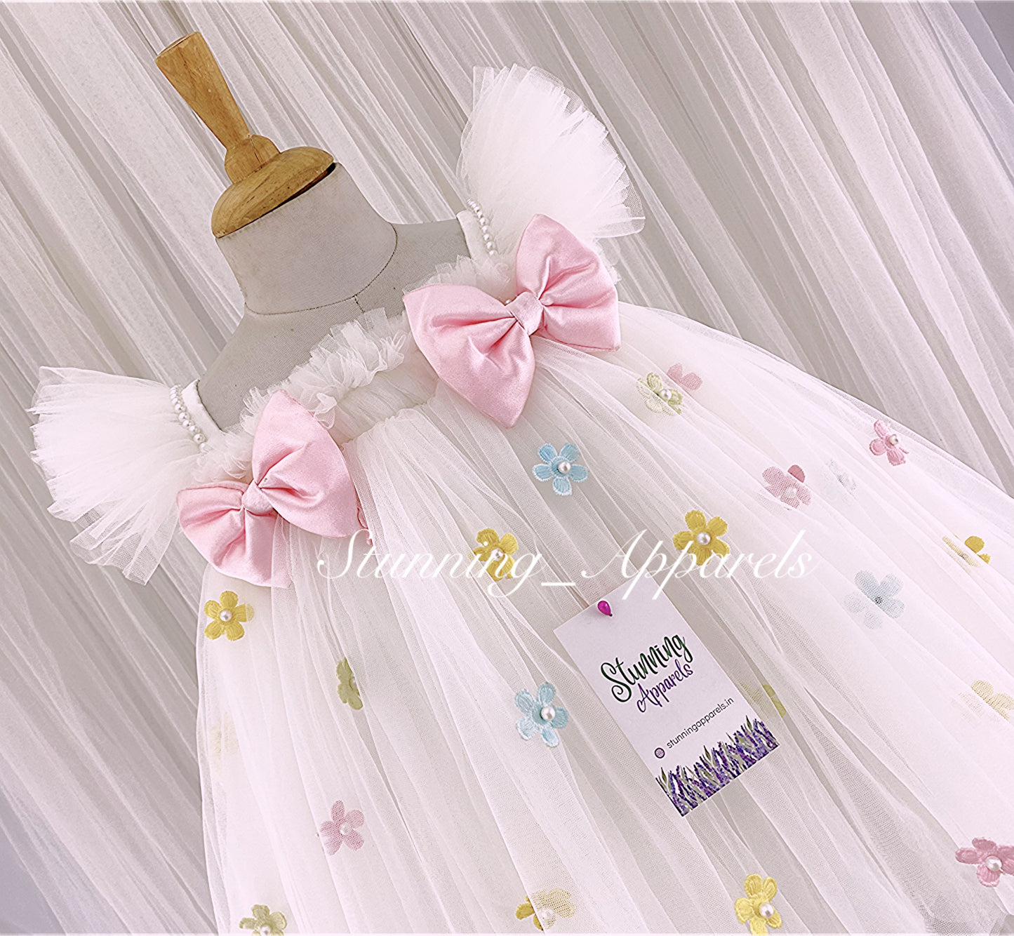 Multi Colour Flower Work, Baby Pink Satin Bow White Umbrella Dress