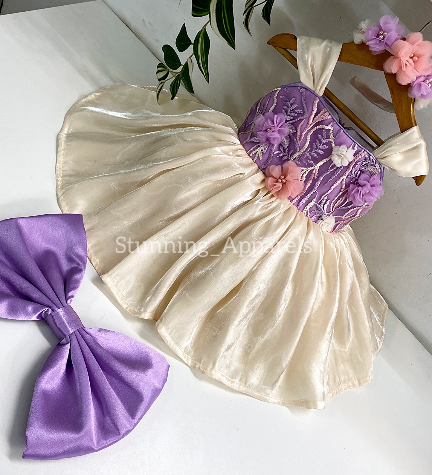 Preety Flower Work Lilac and CreamCombination Dress