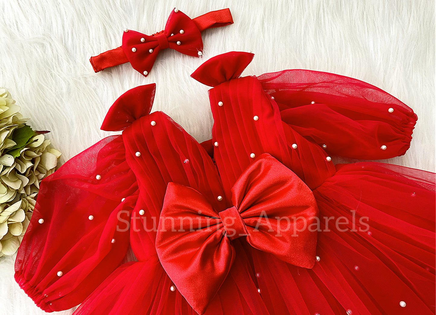 Shoulder Bow Long Puff Sleeves Red dress