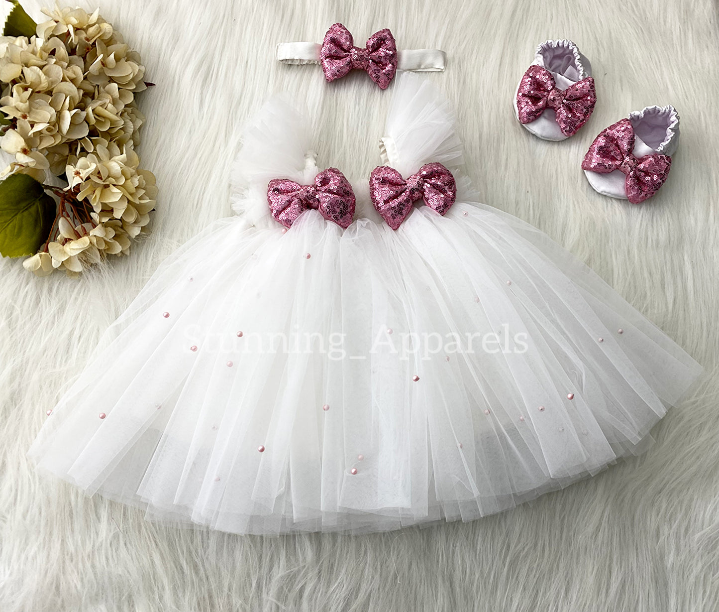 Baby Pink Sequins Bow Party Wear White Umbrella Dress