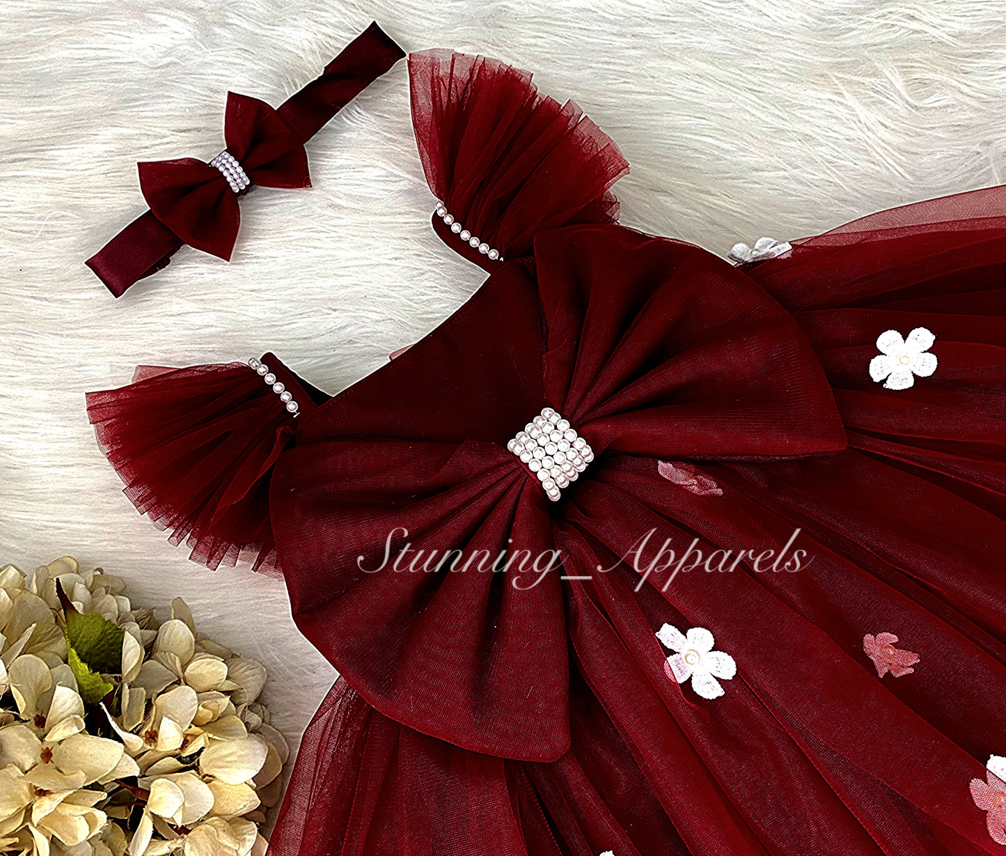 White Flower Work Strapped Sleeves Maroon Frock