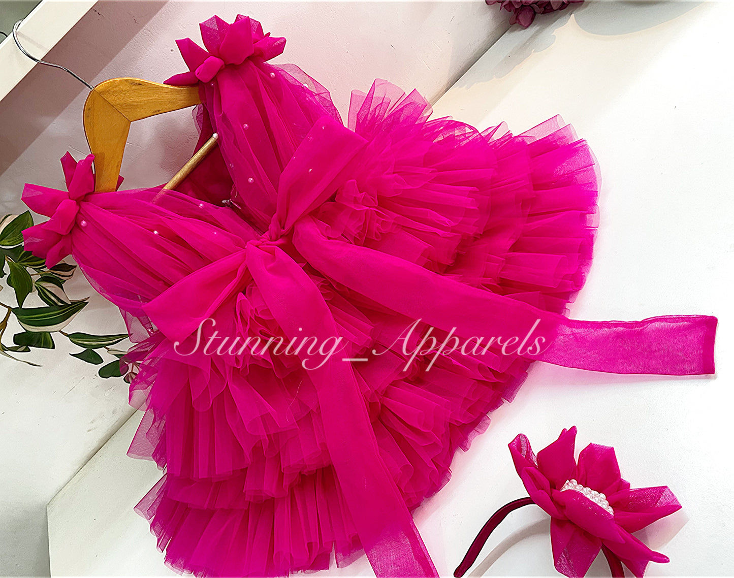 Shoulder Flower Work Layered Magenta Pink Dress