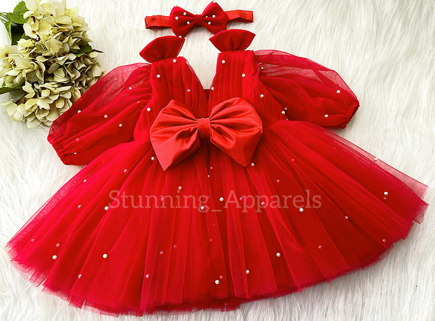 Shoulder Bow Long Puff Sleeves Red dress
