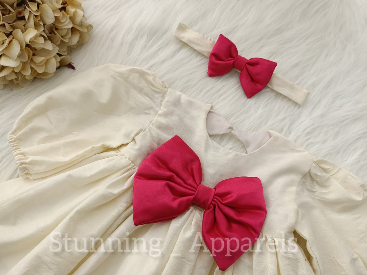 Magenta satin Bow stylish cream dress