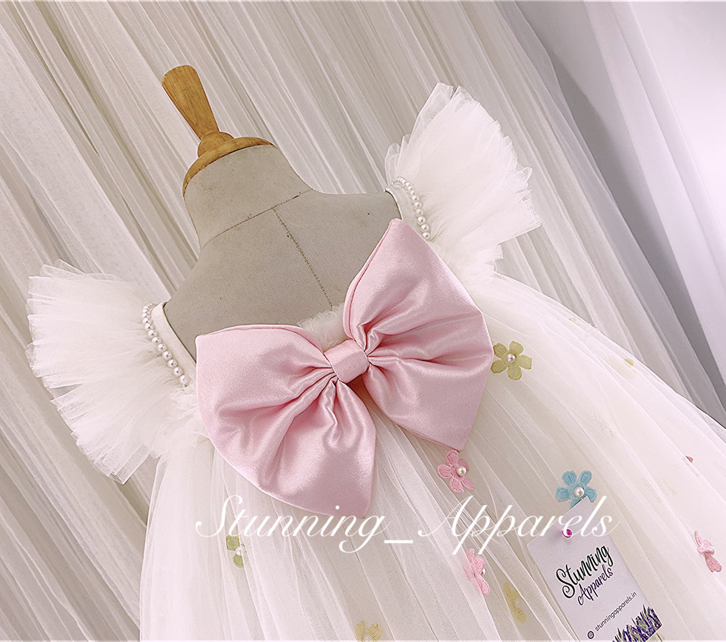 Multi Colour Flower Work, Baby Pink Satin Bow White Umbrella Dress