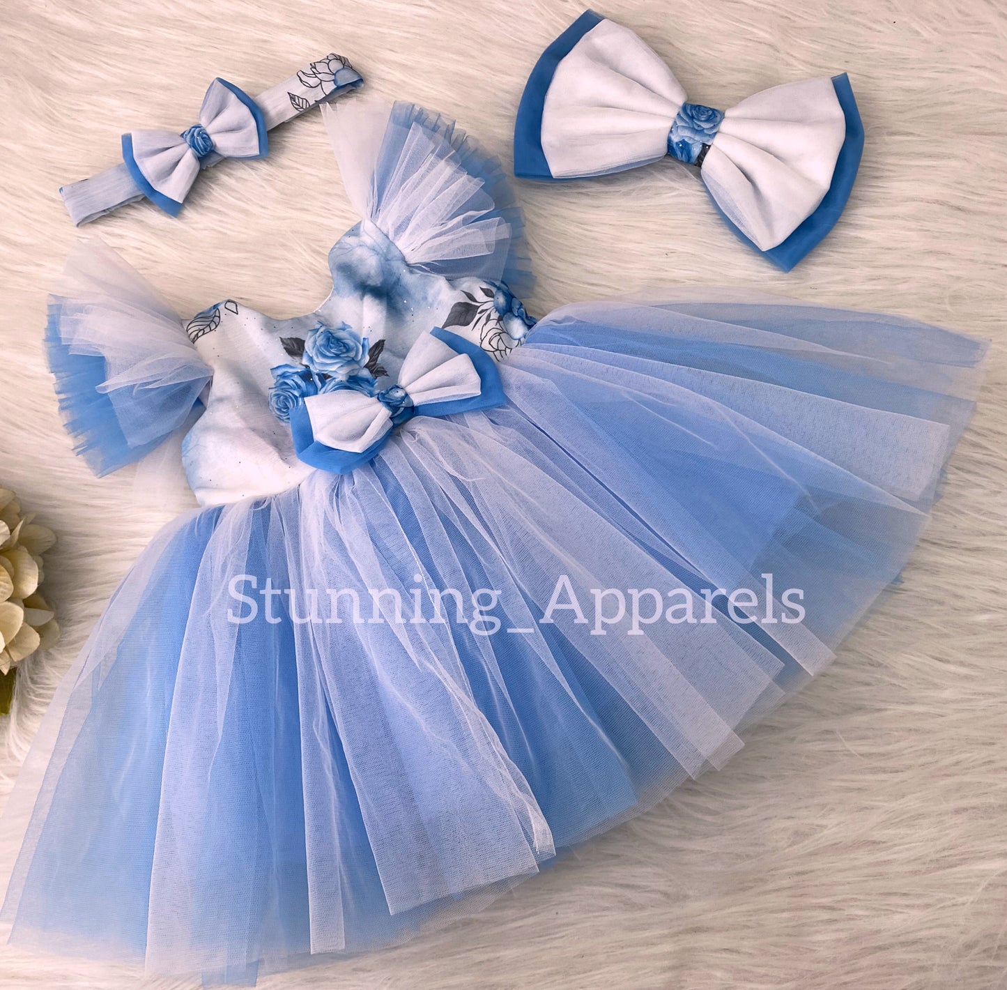 Cute Rose Printed White and Blue Combination Casual Dress