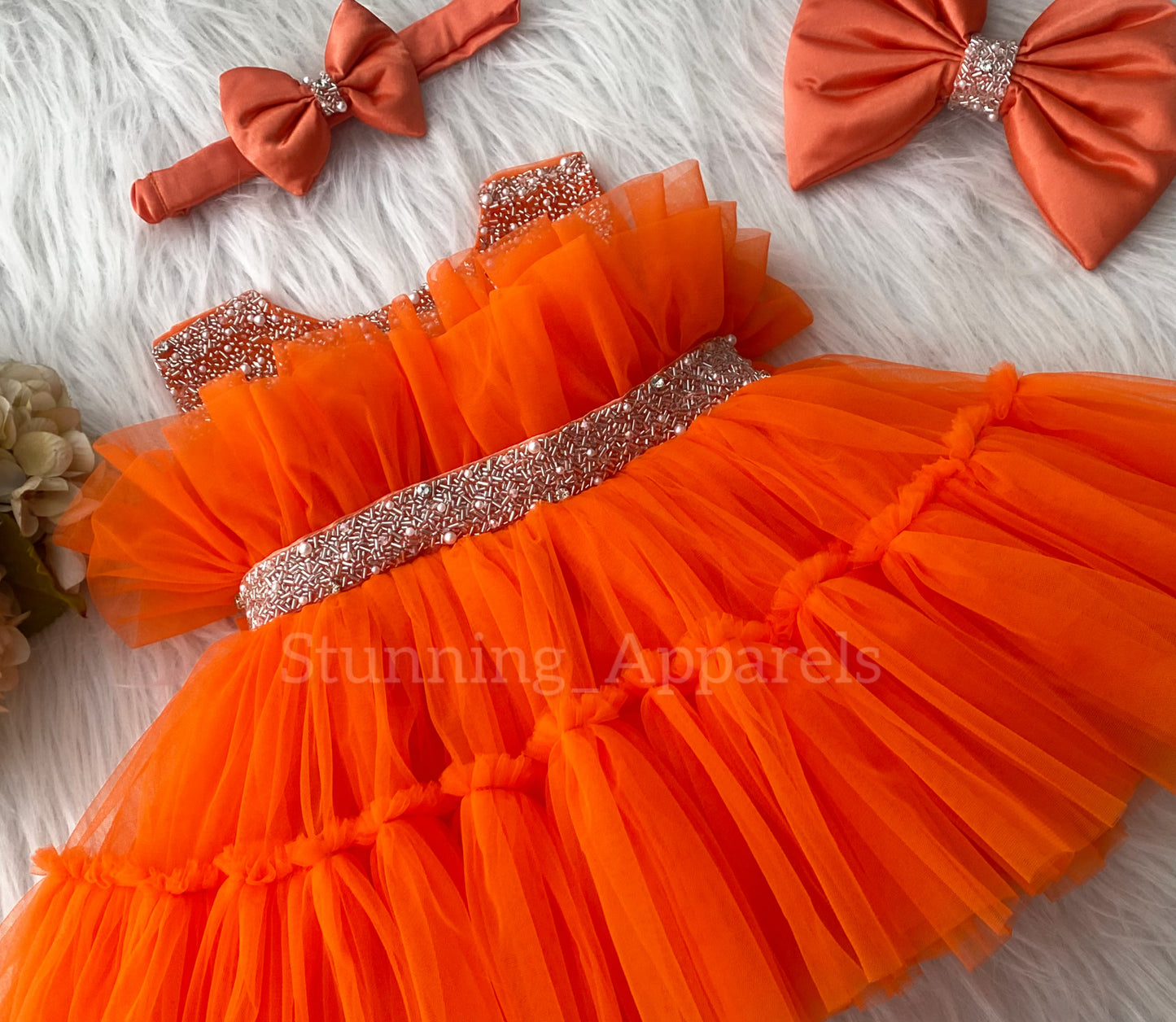 Designer Neckline Hand Work Party Wear Orange Dress