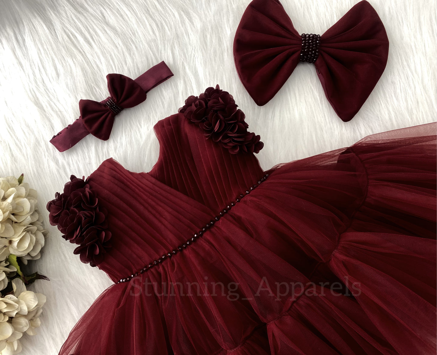 Beautiful Cape Sleeves Flower Work Ruffled Maroon Frock