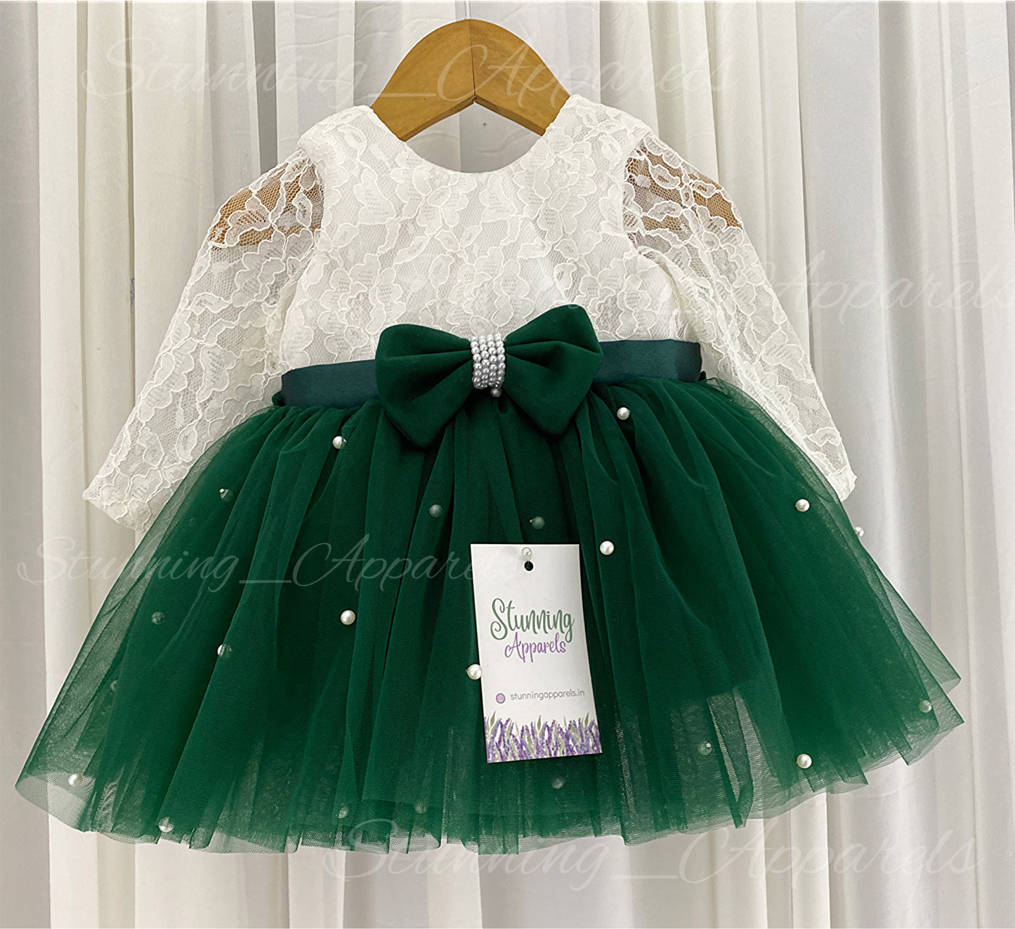 Long Sleeves White Pearls Work Dark Bottle Green Frock