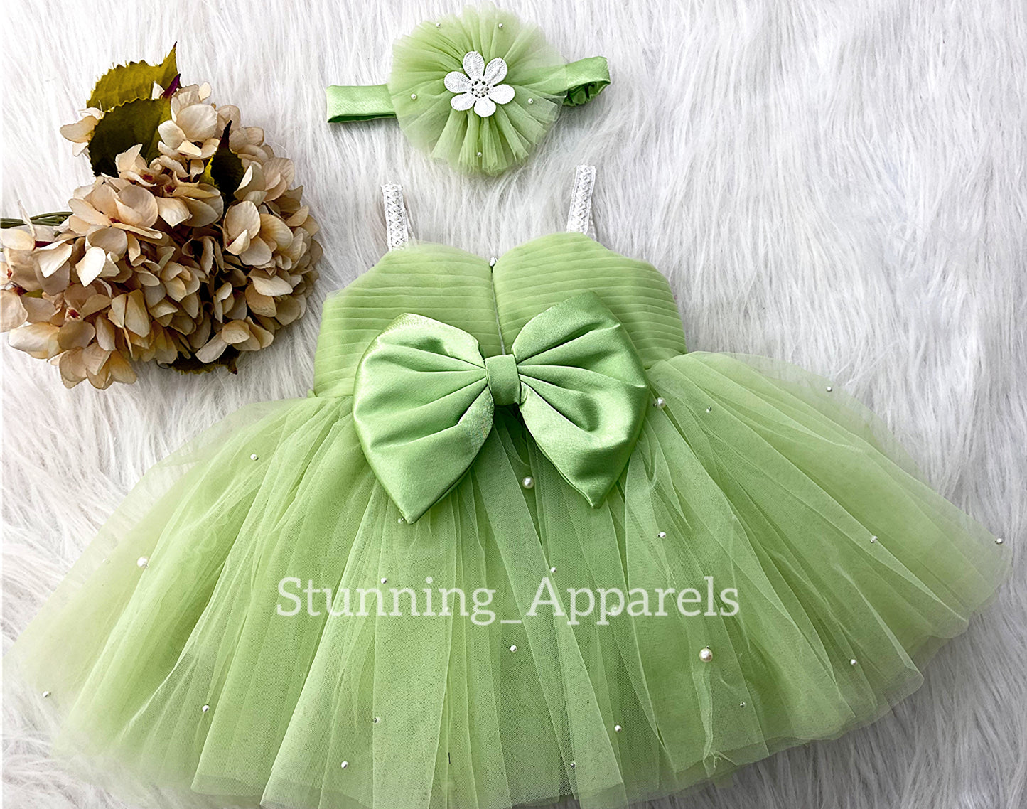 White Flower Work Party Wear Pista Green Dress