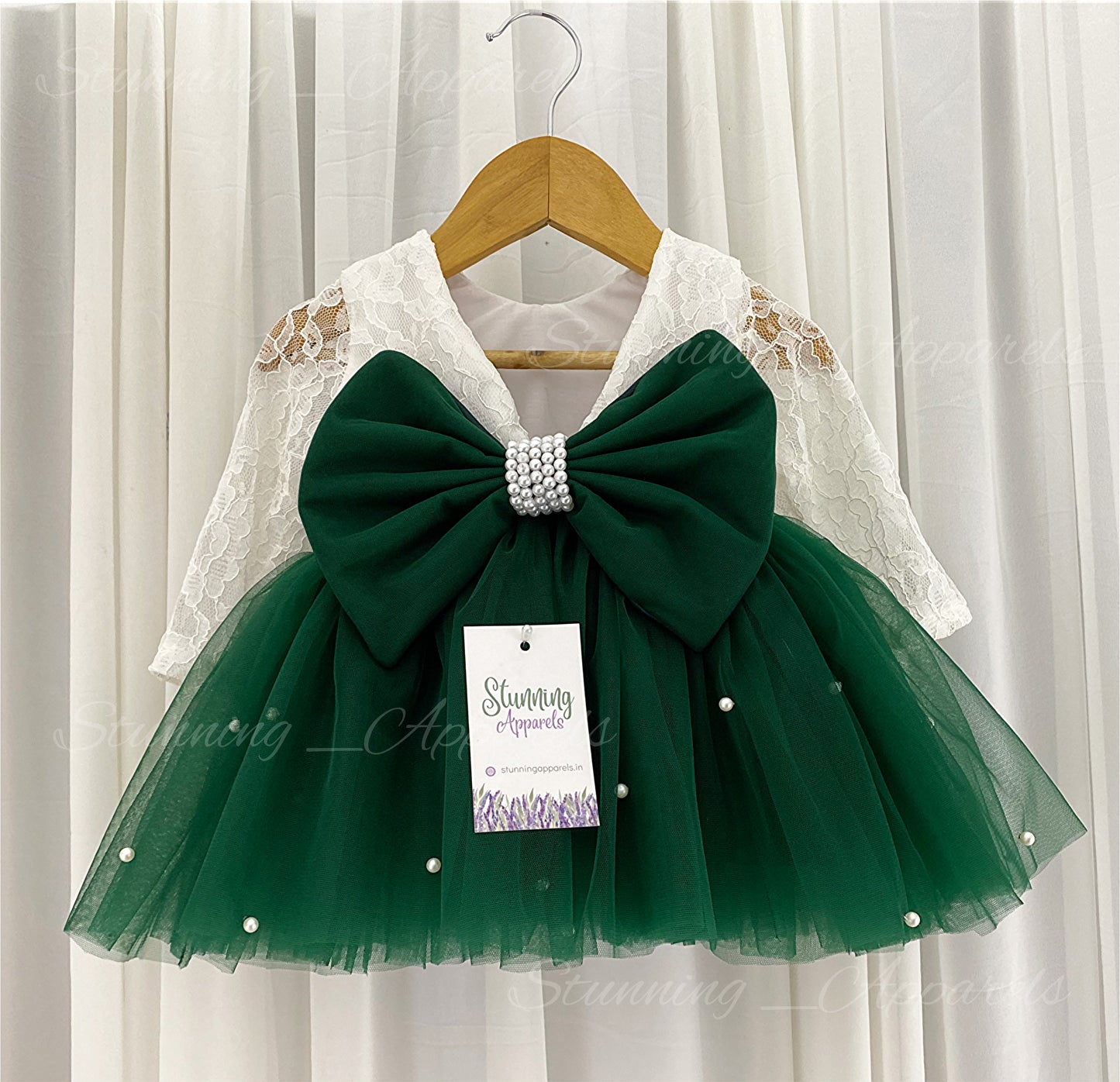 Long Sleeves White Pearls Work Dark Bottle Green Frock