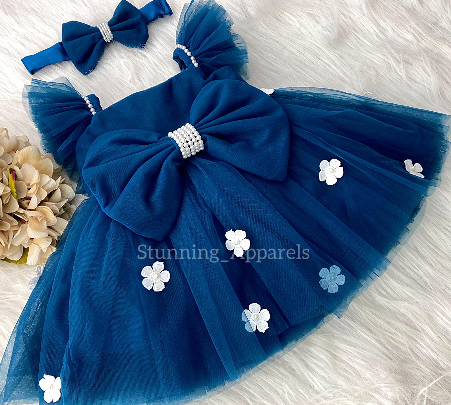 White Flower Work Strapped Sleeves Teal Blue Frock