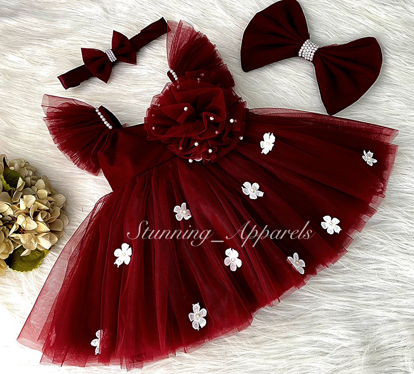 White Flower Work Strapped Sleeves Maroon Frock