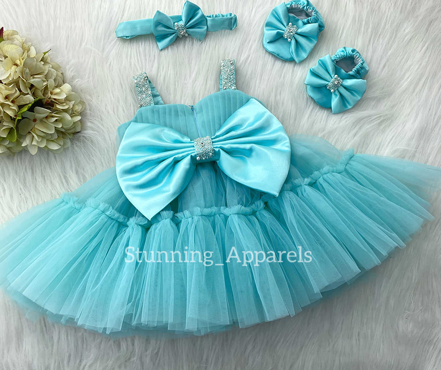 Designer Sweetheart Neckline Hand Work Strapped Sky Blue Frock