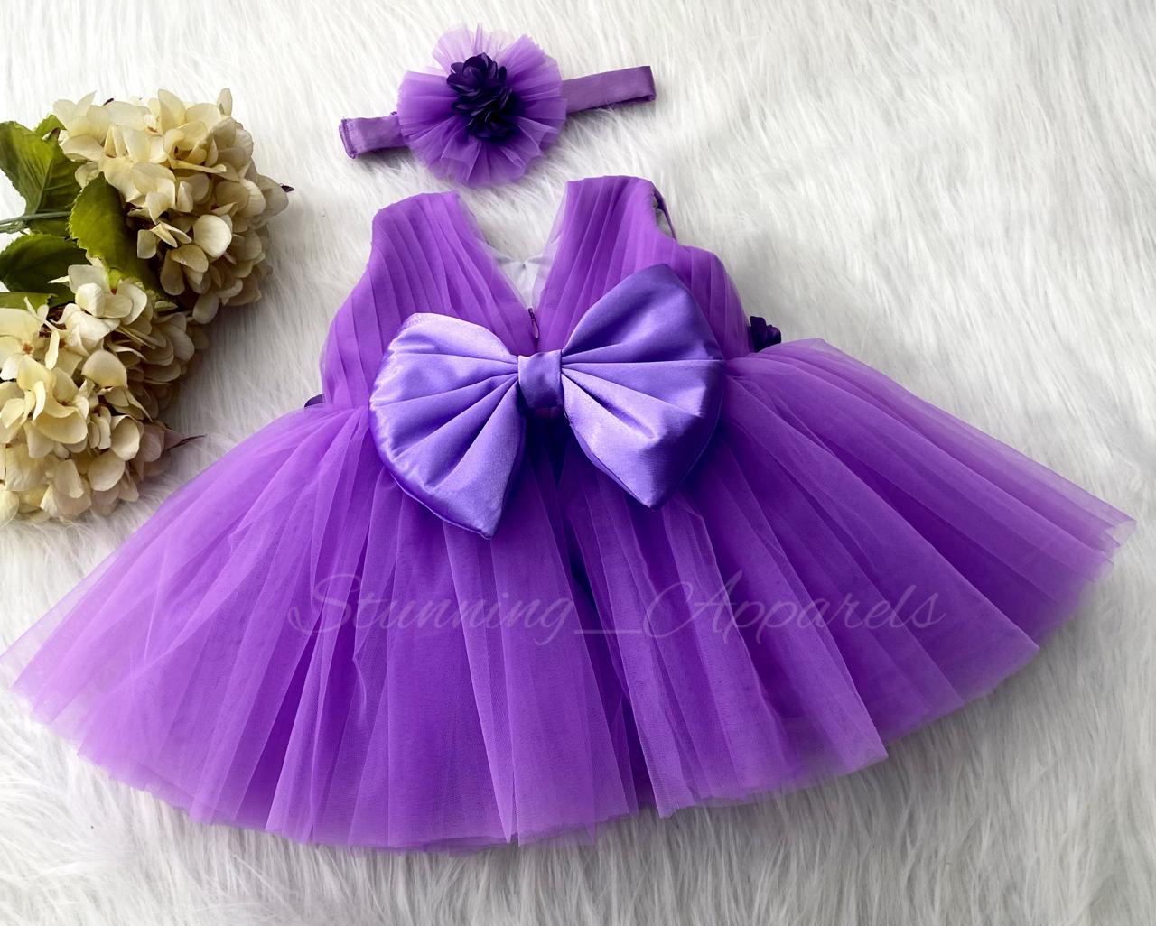 Waist Line Dark Lavender Flower Work Lavender Frock