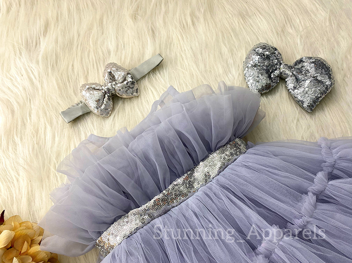 Silver Sequin Bow Ruffled Light Gray Dress