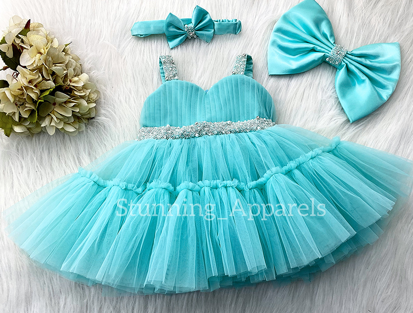Designer Sweetheart Neckline Hand Work Strapped Sky Blue Frock