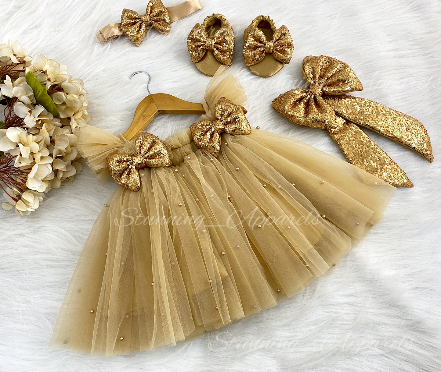 Golden Sequins Bow Party Wear Golden Umbrella Dress