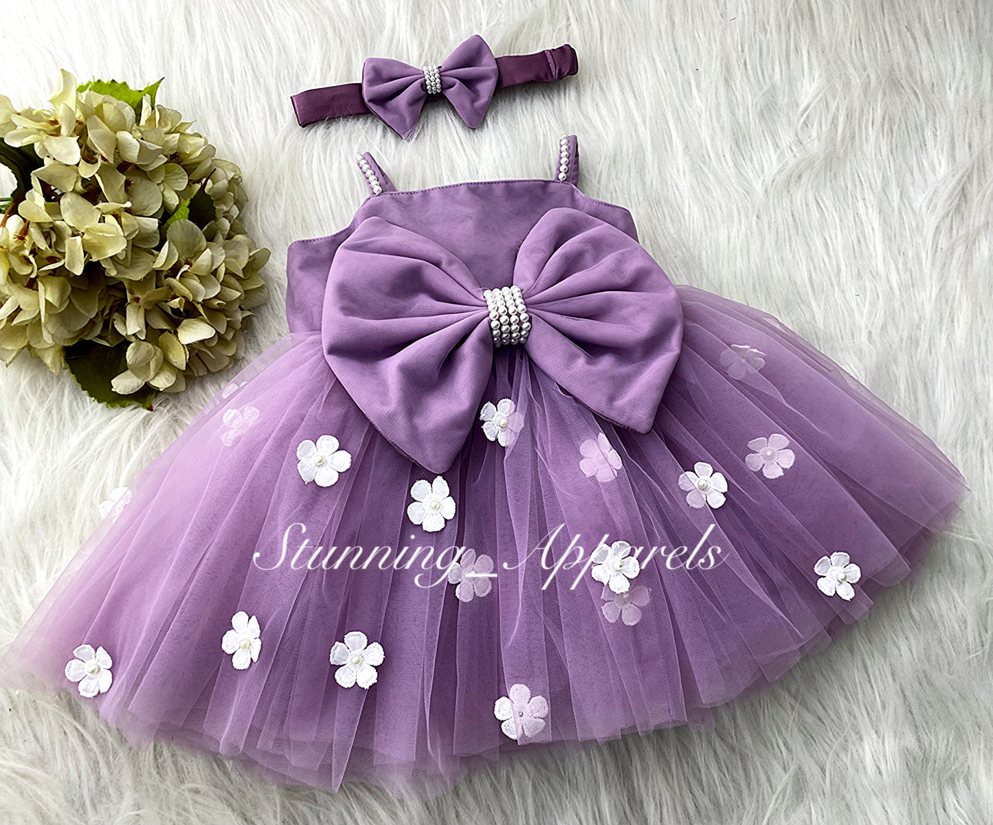 White Flower Work Strapped Sleeves Lilac Frock