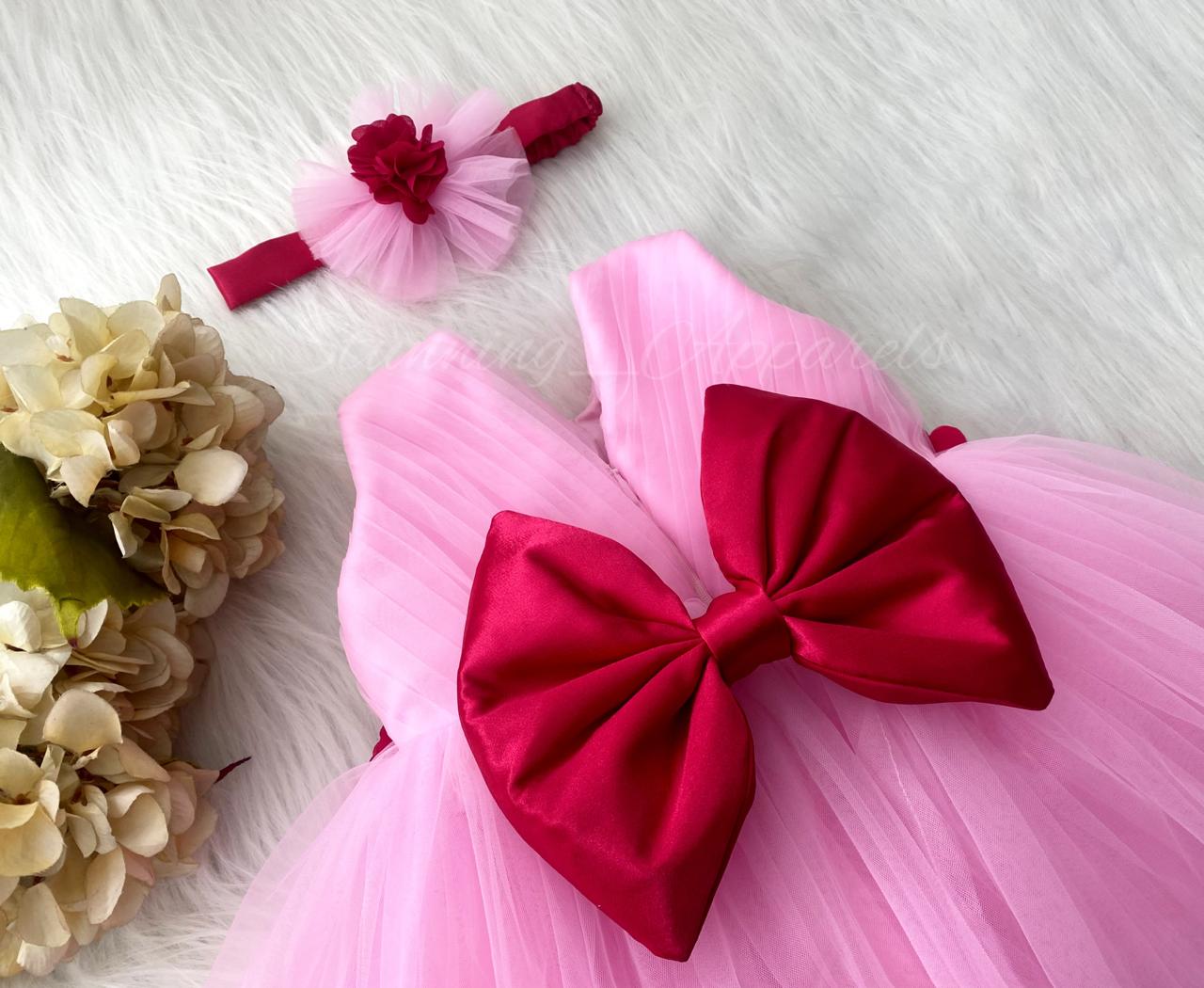 Waist Line Magenta Flower Work Baby Pink Frock
