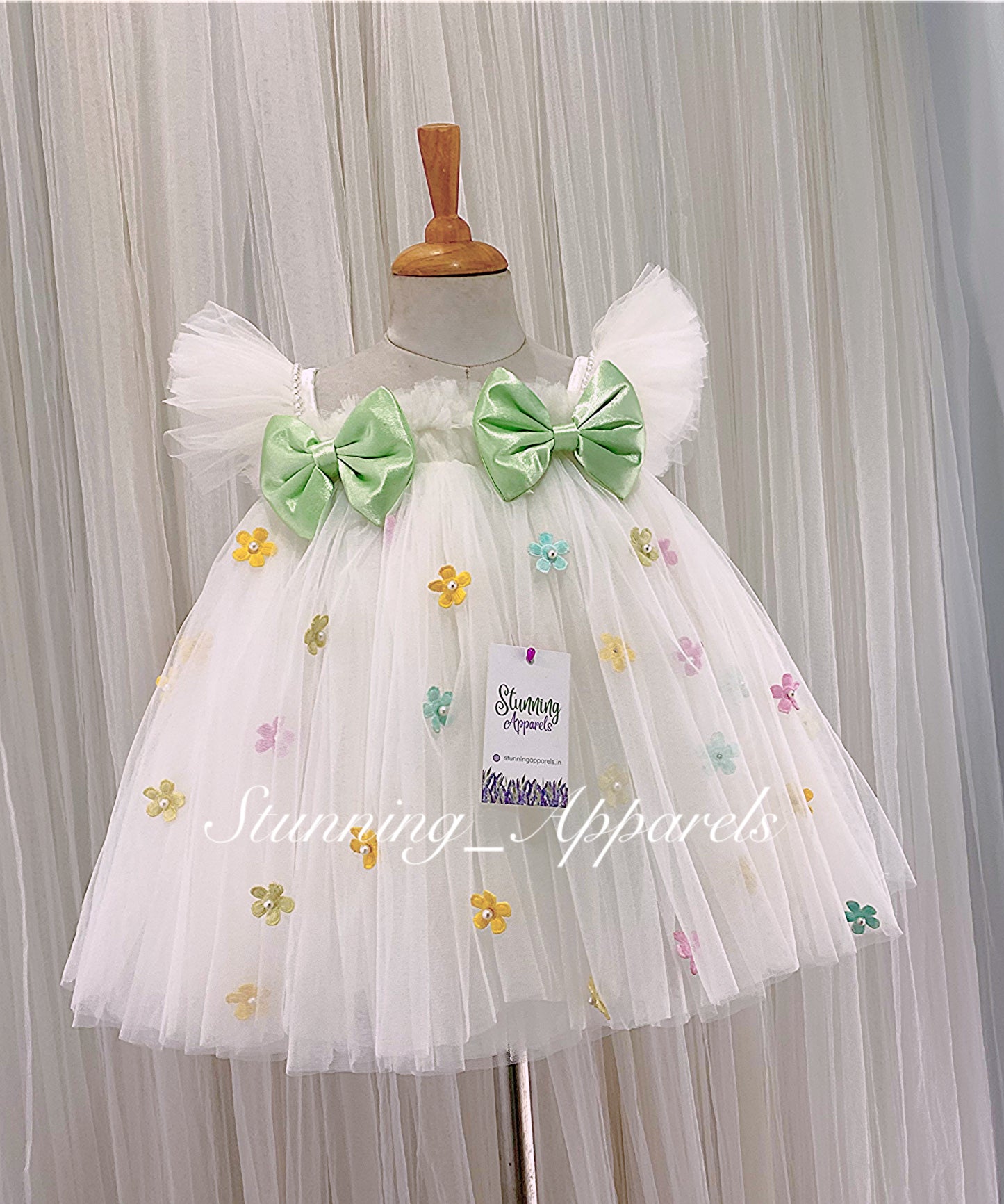 Multi Colour Flower Work, Pista Green Satin Bow White Umbrella Dress