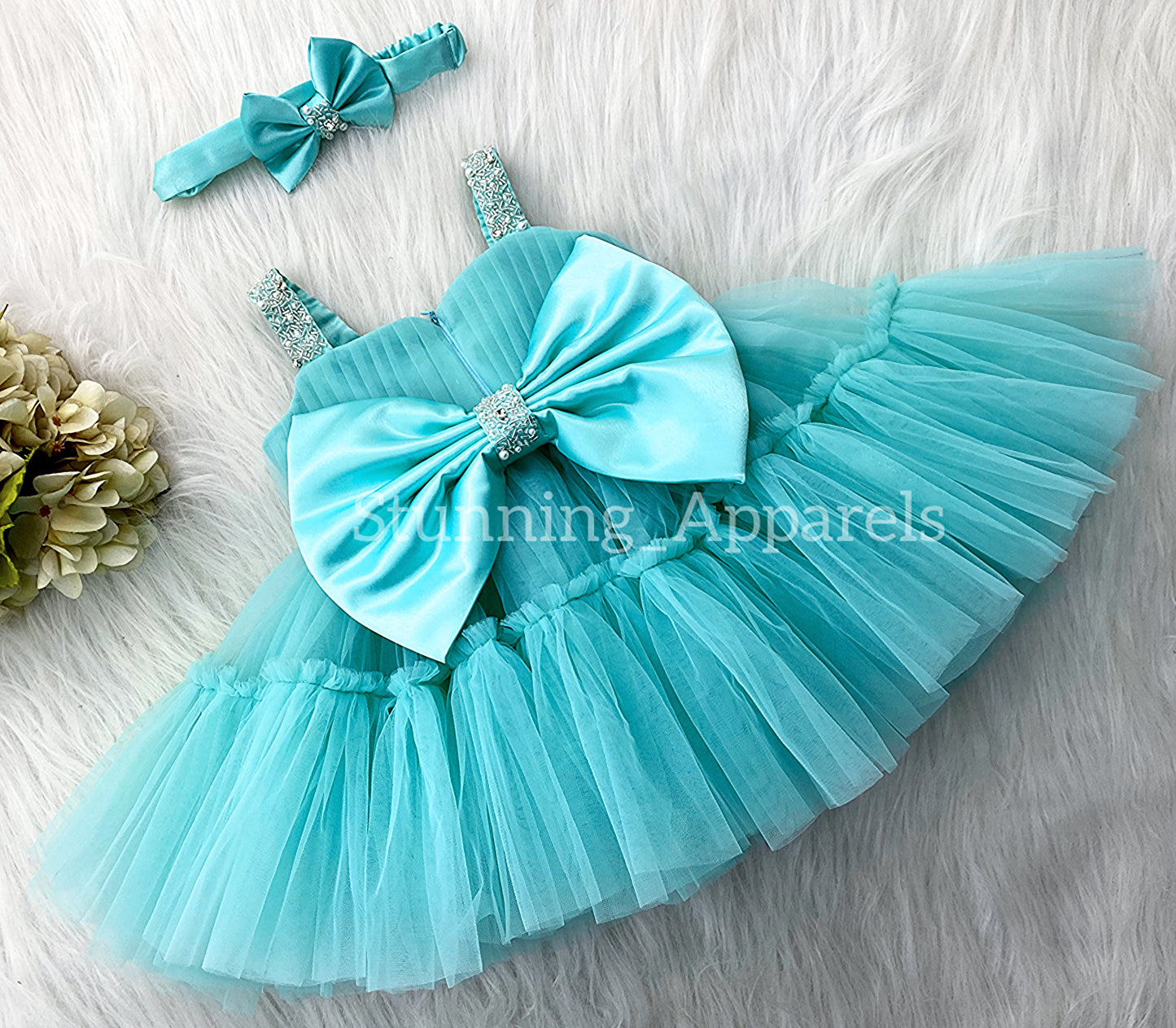 Designer Sweetheart Neckline Hand Work Strapped Sky Blue Frock