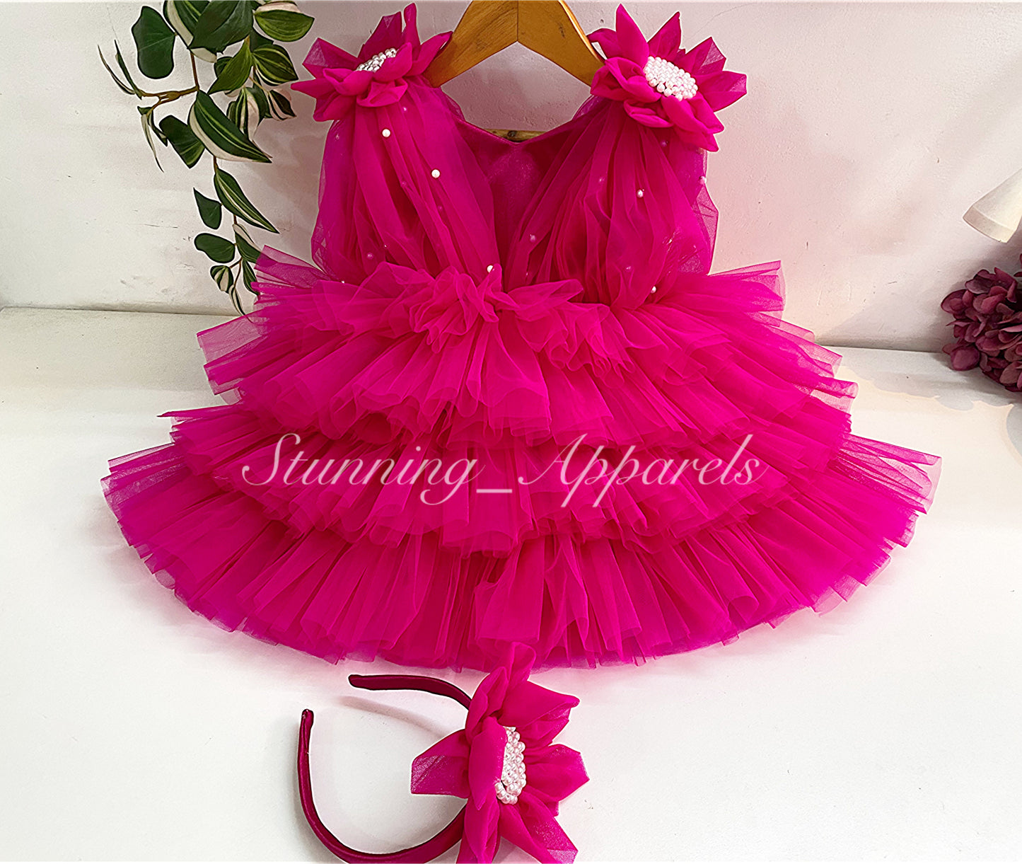 Shoulder Flower Work Layered Magenta Pink Dress