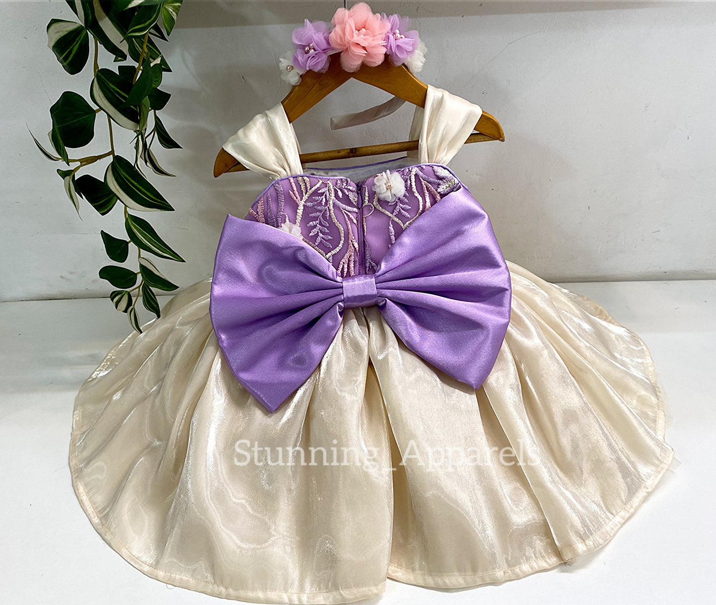 Preety Flower Work Lilac and CreamCombination Dress