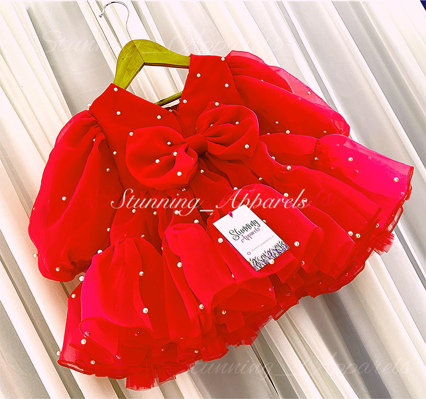 Long Puff Sleeves White Pearls Work Ruffled Red Organza Dress