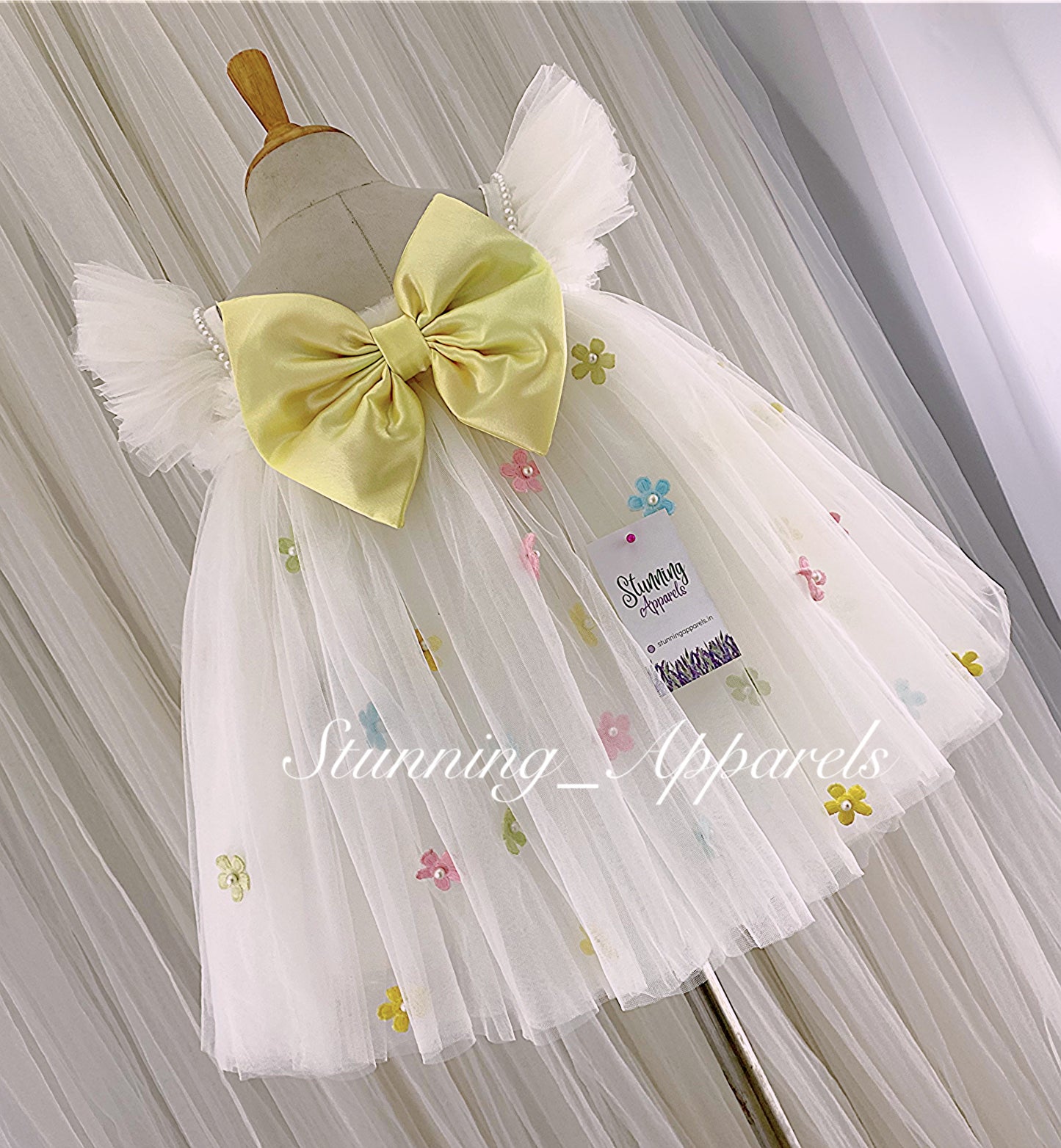 Multi Colour Flower Work, Yellow Satin Bow White Umbrella Dress