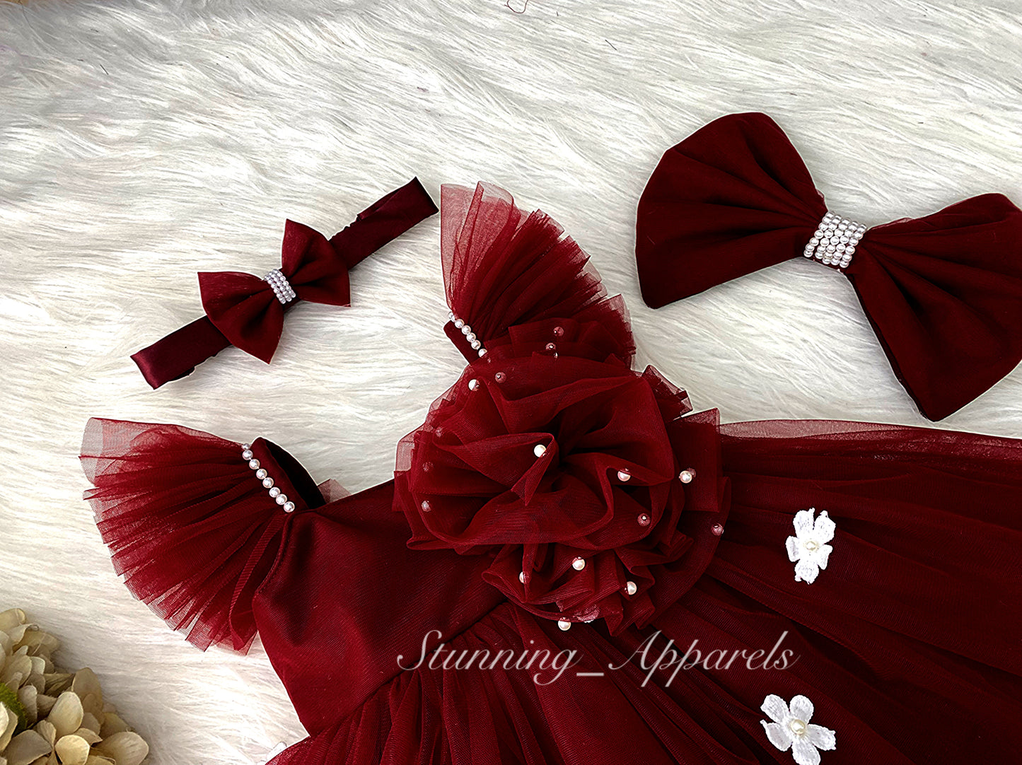 White Flower Work Strapped Sleeves Maroon Frock