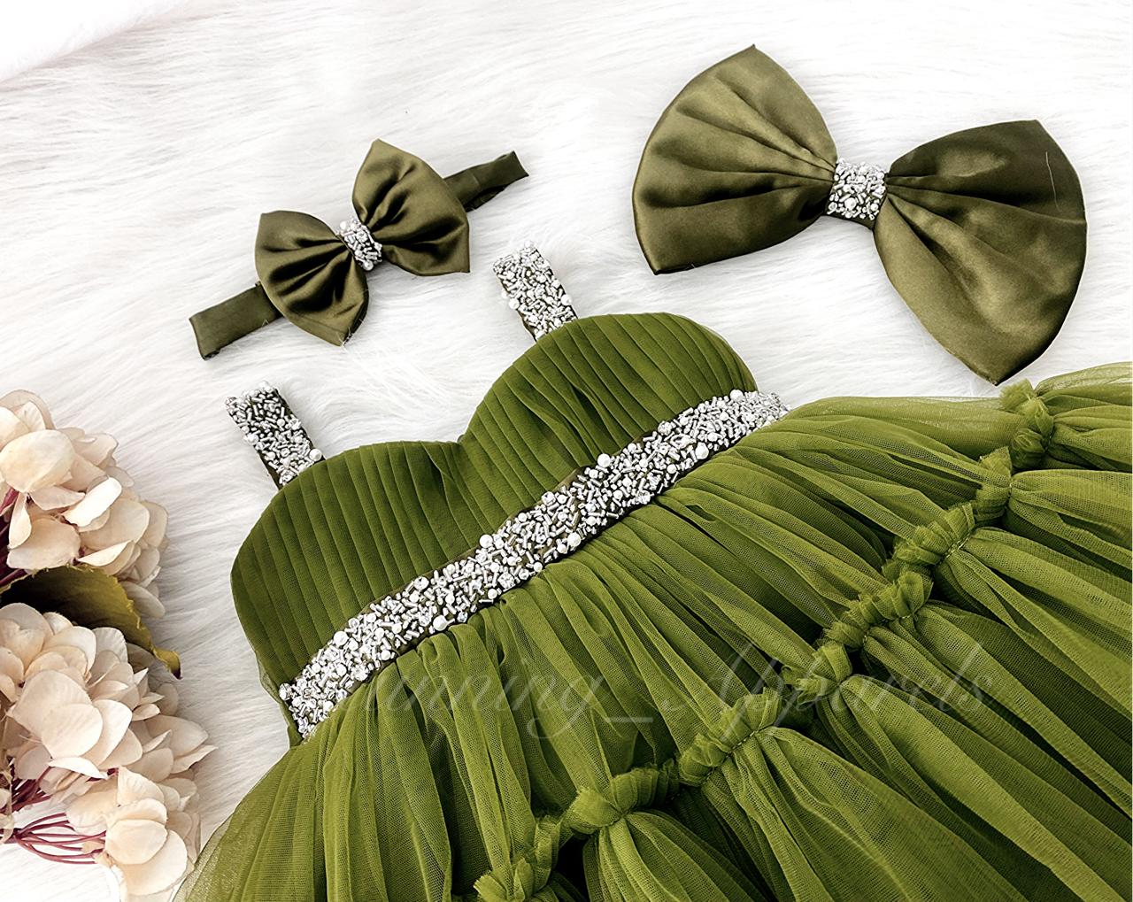 Designer Sweetheart Neckline Hand Work Strapped Olive Green Frock