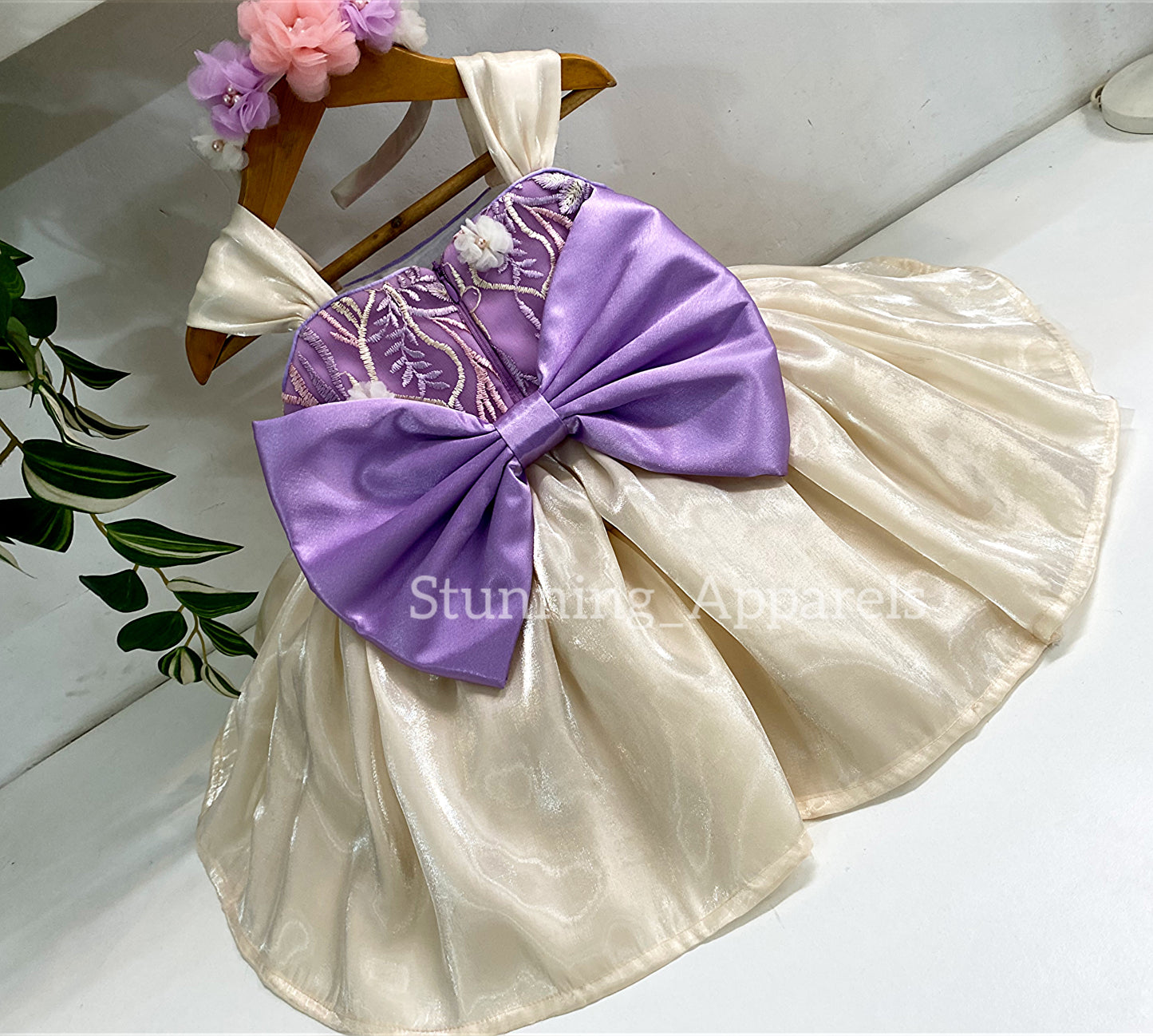 Preety Flower Work Lilac and CreamCombination Dress