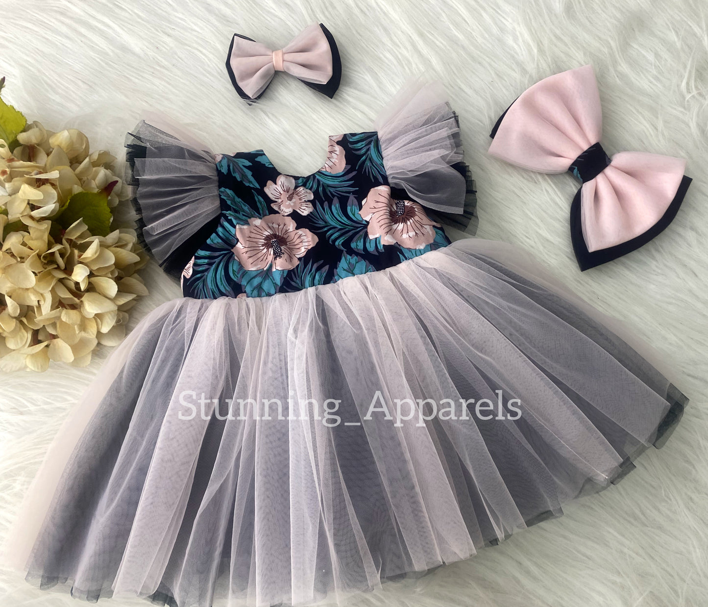 Cute Flower Printed With Peach and Black Combination Casual Dress