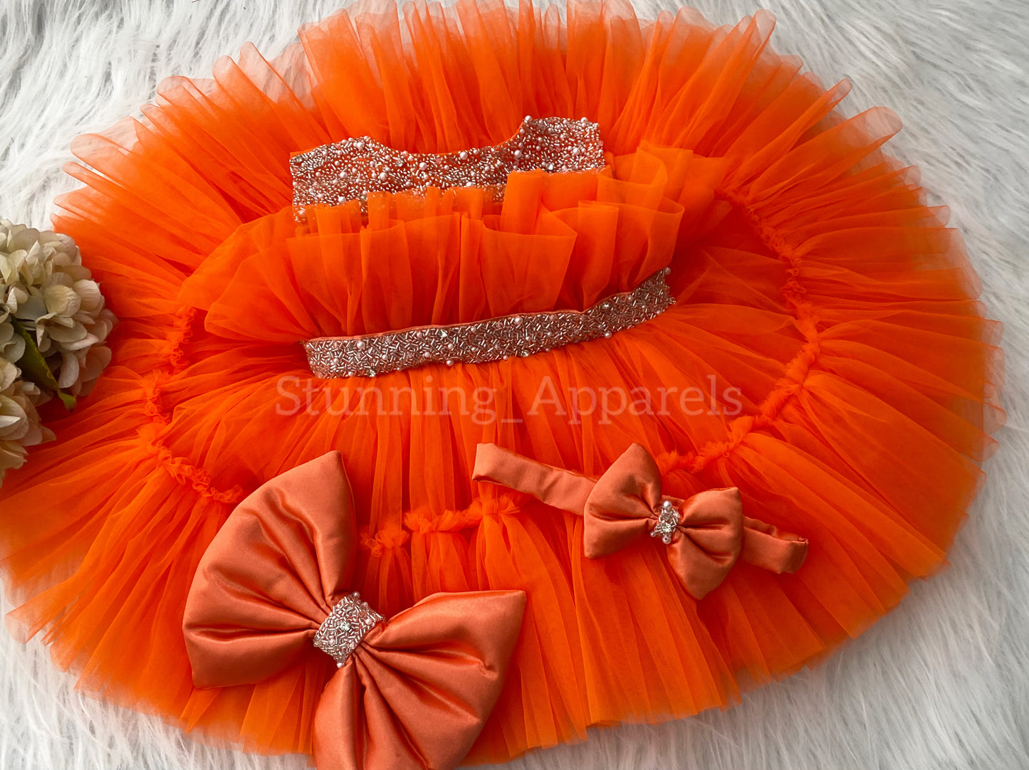 Designer Neckline Hand Work Party Wear Orange Dress